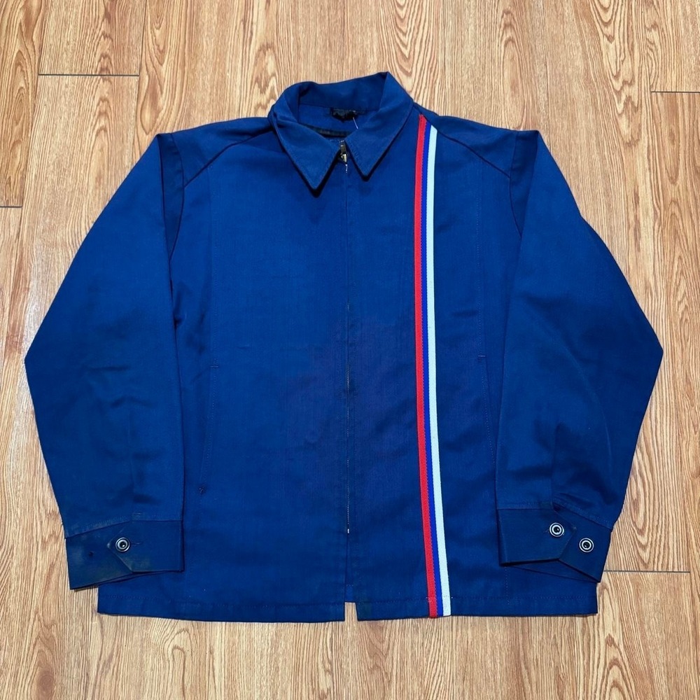 Vintage Men's Racing Stripe Jacket Fits XL 70s Full Zip Navy Blue